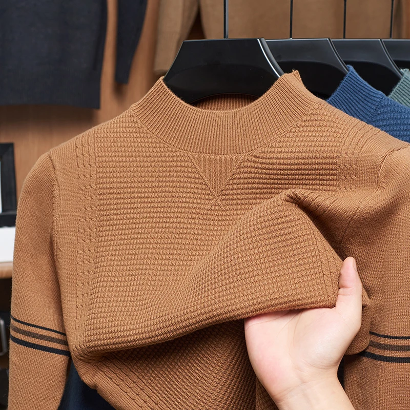 Luxury Man Waffle Long Sleeves Knit T-Shirt Korean-Style Autumn Winter New Round Neck Pullover Fashion Versatile Men's Clothing