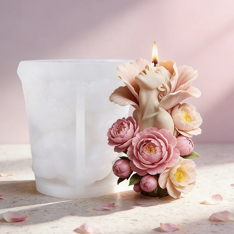3D Flower Surround Woman Candle Silicone Mold Peony Lady Head Sculpture Aroma Soap Wax Gypsum Craft Mold Home Decor
