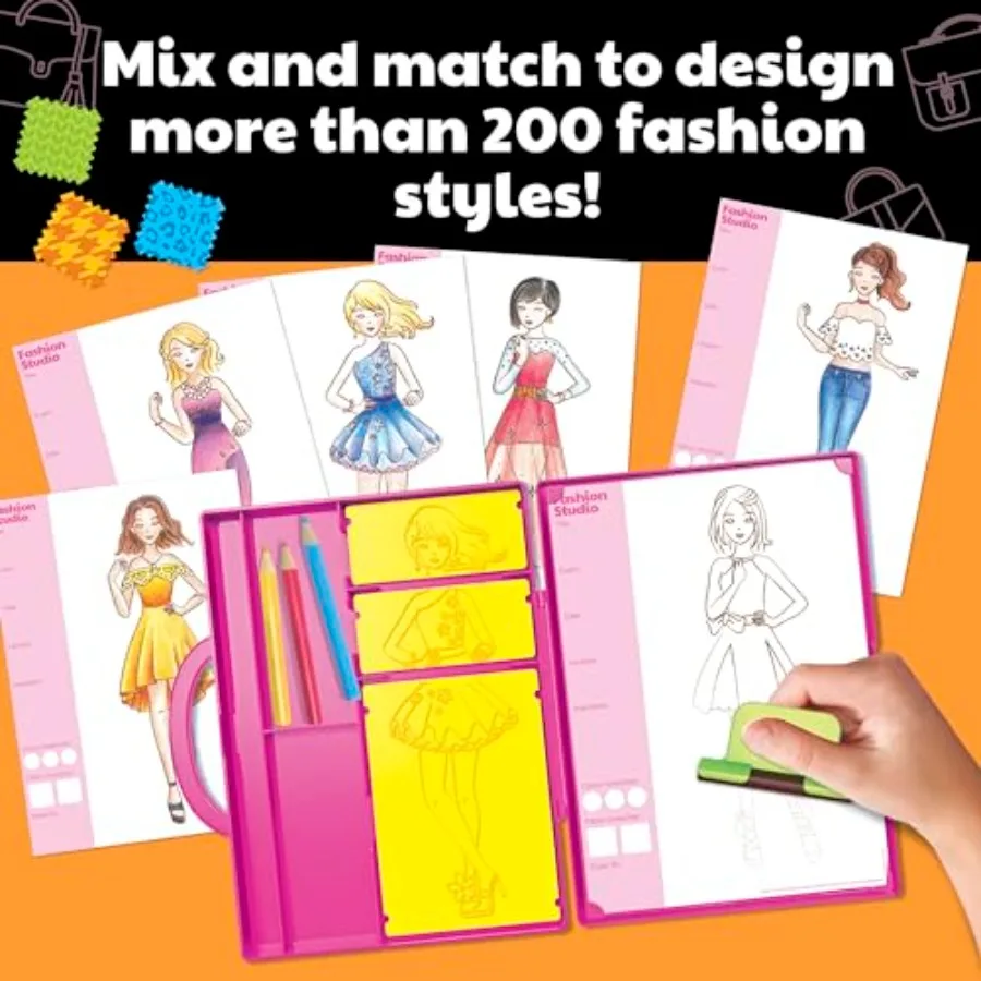 KidzMaker: My Design Portfolio Fashion Studio - Creative Outfit Design Drawing Kit with Mix Max Pattern Rubbing Plates Portable