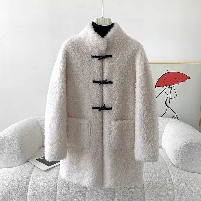 Casaco de lã de cordeiro gola mandarim para mulheres pele de ovelha shearling fivela de chifre jaqueta de comprimento médio feminino outwear inverno novo, JT466, 2024