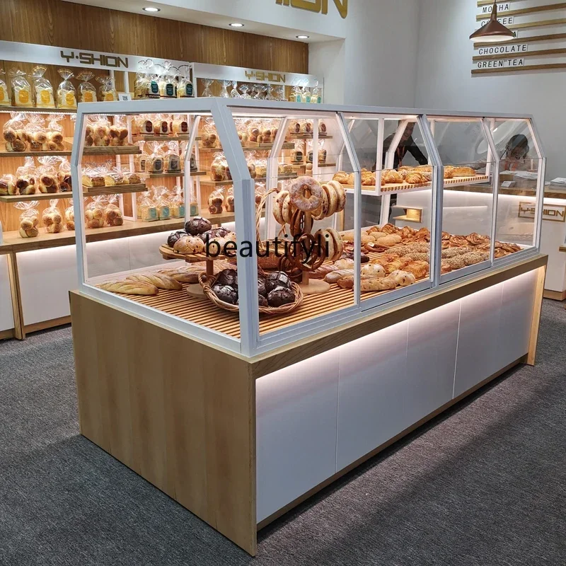 

new style Solid Wood Bread Display Cabinet Wrought Iron Zhongdao Side Cabinet Glass Commercial Cake Model Display Rack ss 1001