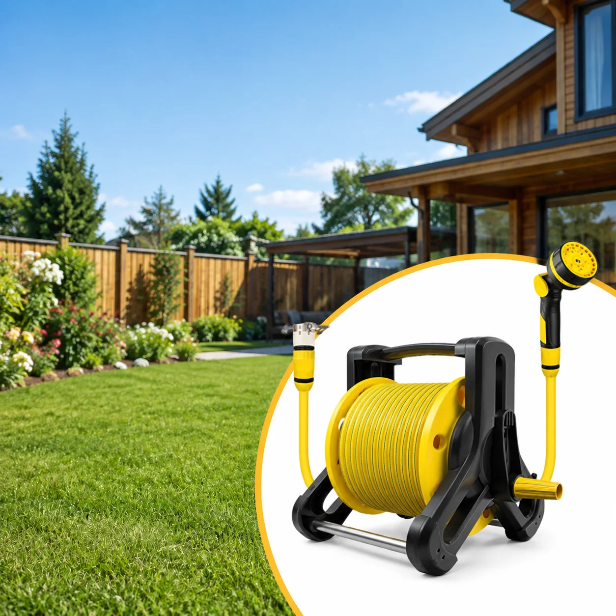 Gartenschlauchwagen, tragbarer Wasserschlauchwagen mit Wandmontageoption, 10-Muster-Sprühpistole und kältebeständiger PVC-Schlauch für Garten, Rasen und Autowäsche