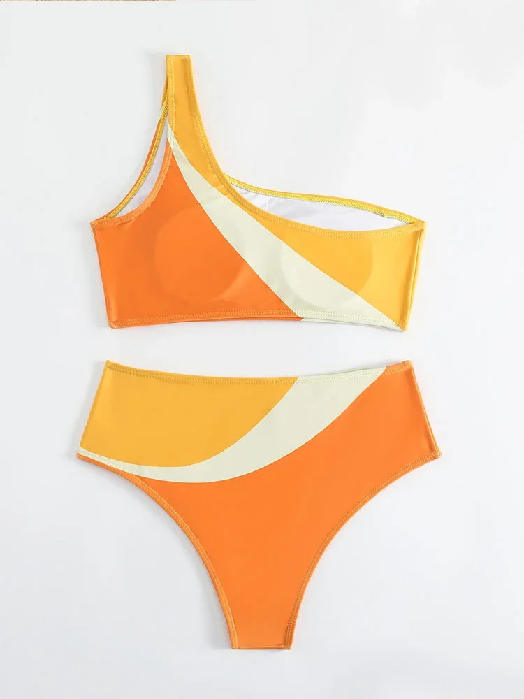 Sexy Print One Shoulder Bikinis 2 Piece Set Women Split Swimsuit High Waist Beach Bikinis 2026 New Summer Swimwear Bikinis Set
