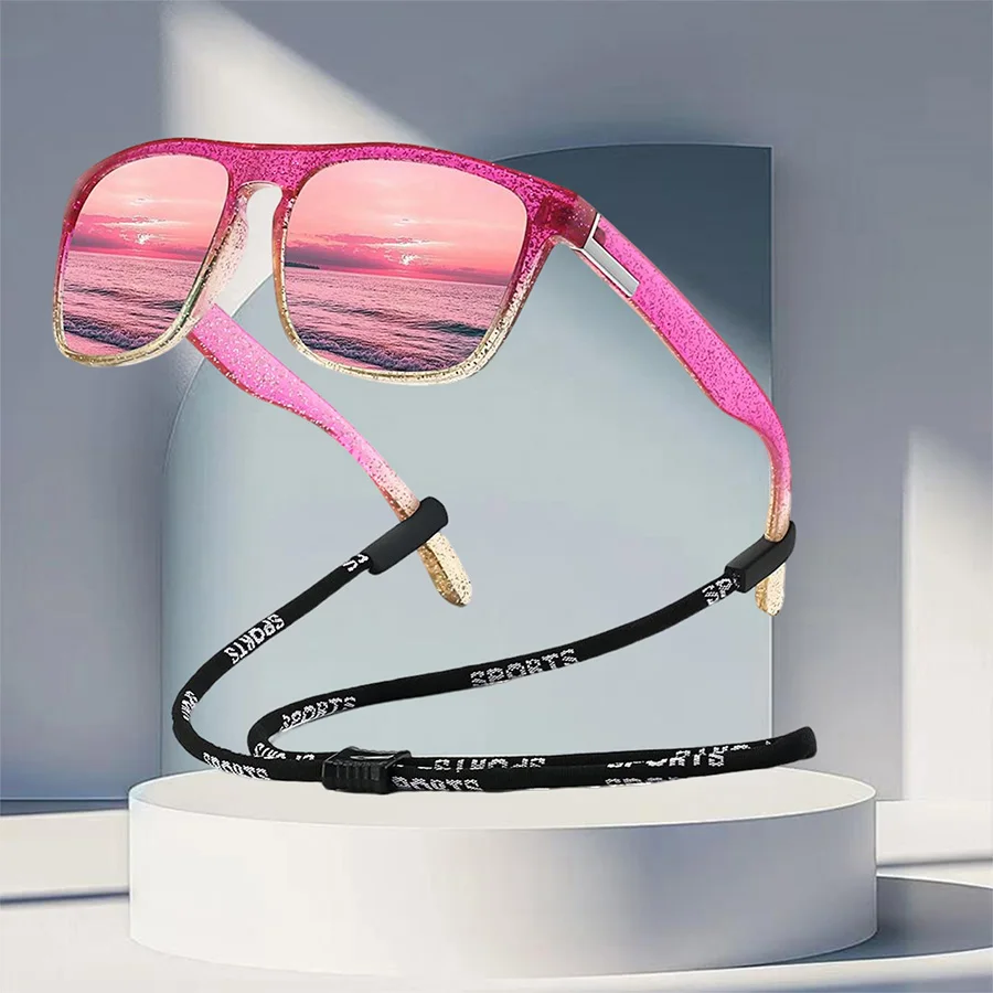 Mit Kette, modische Vintage-Sonnenbrille aus glitzerndem Material, quadratisch, für Herren und Damen, zum Angeln, Fahren, klassische Marken-Designer-Sonnenbrille