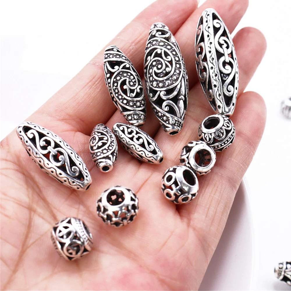 REGELIN Antique Silver color Oval shaped European  Big Hole Beads Spacer Bead for DIY Jewelry Making Charms Bracelet Finding