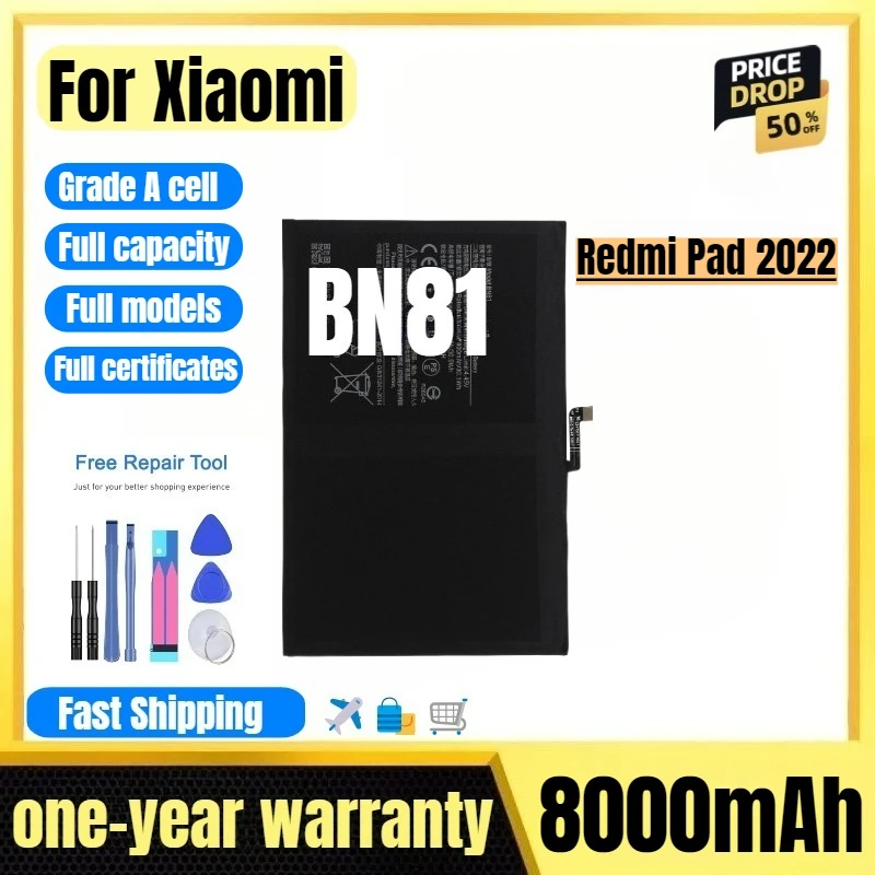 

BN81 for Xiaomi Redmi Pad 2022 Tablet Battery High Quality High Capacity Battery Replacement Bateria Grade A Cell with Tools