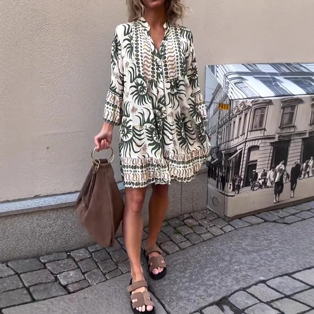 Abito casual stampato Boho per donna Primavera Estate Nuovo stile vacanza Abito longuette monopetto con scollo a V ampio e maniche lunghe