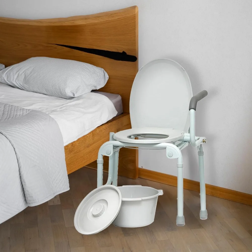 Adjustable Drop Arm Commode Chair for Elderly and Disabled with Folding Design and Side Handles