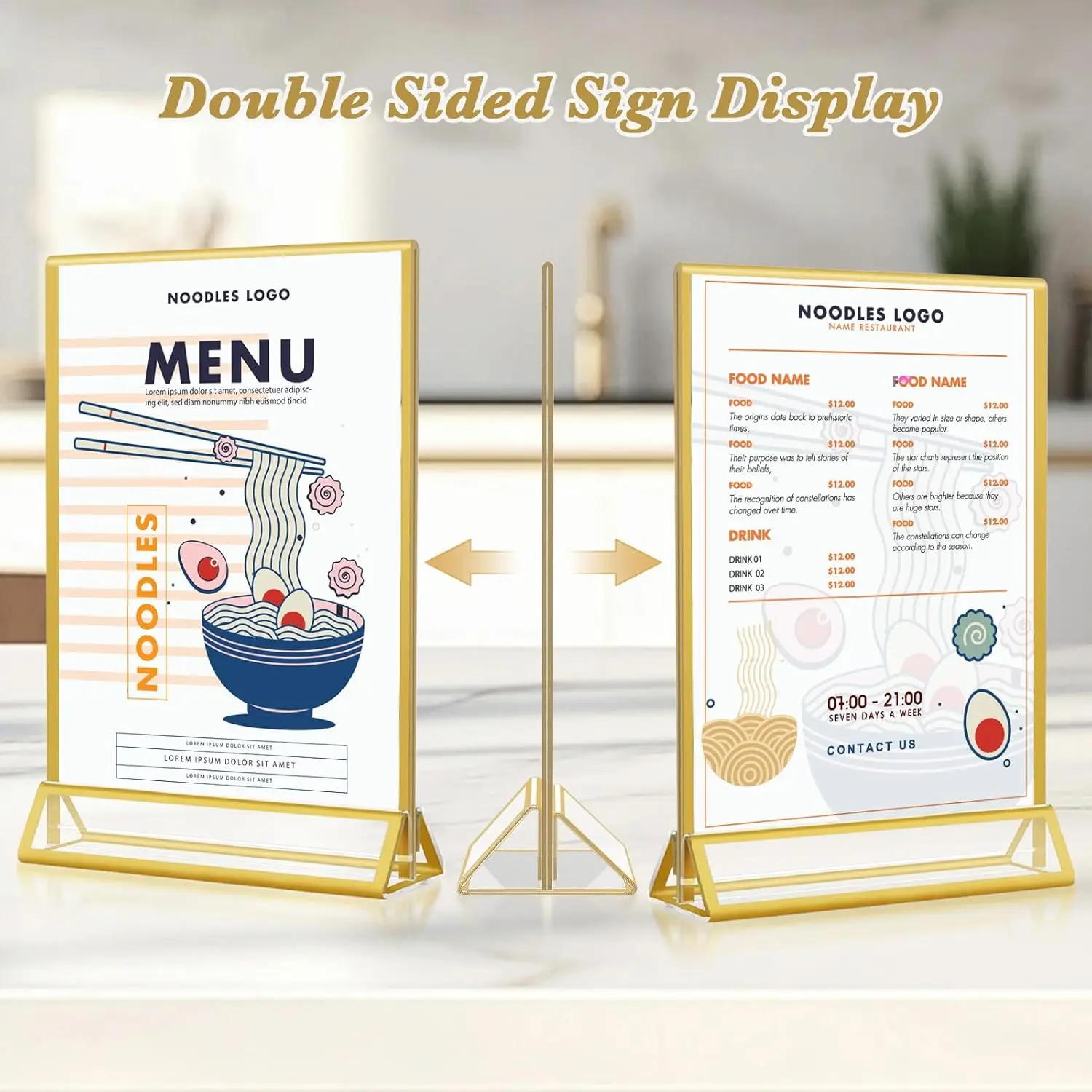 15 Pack 5x7 Gold Acrylic Sign Holder, Double Sided Vertical Table Number Stands, Clear Gold Border Picture Frames for Wedding, Restaurant, Party, Menu Display
