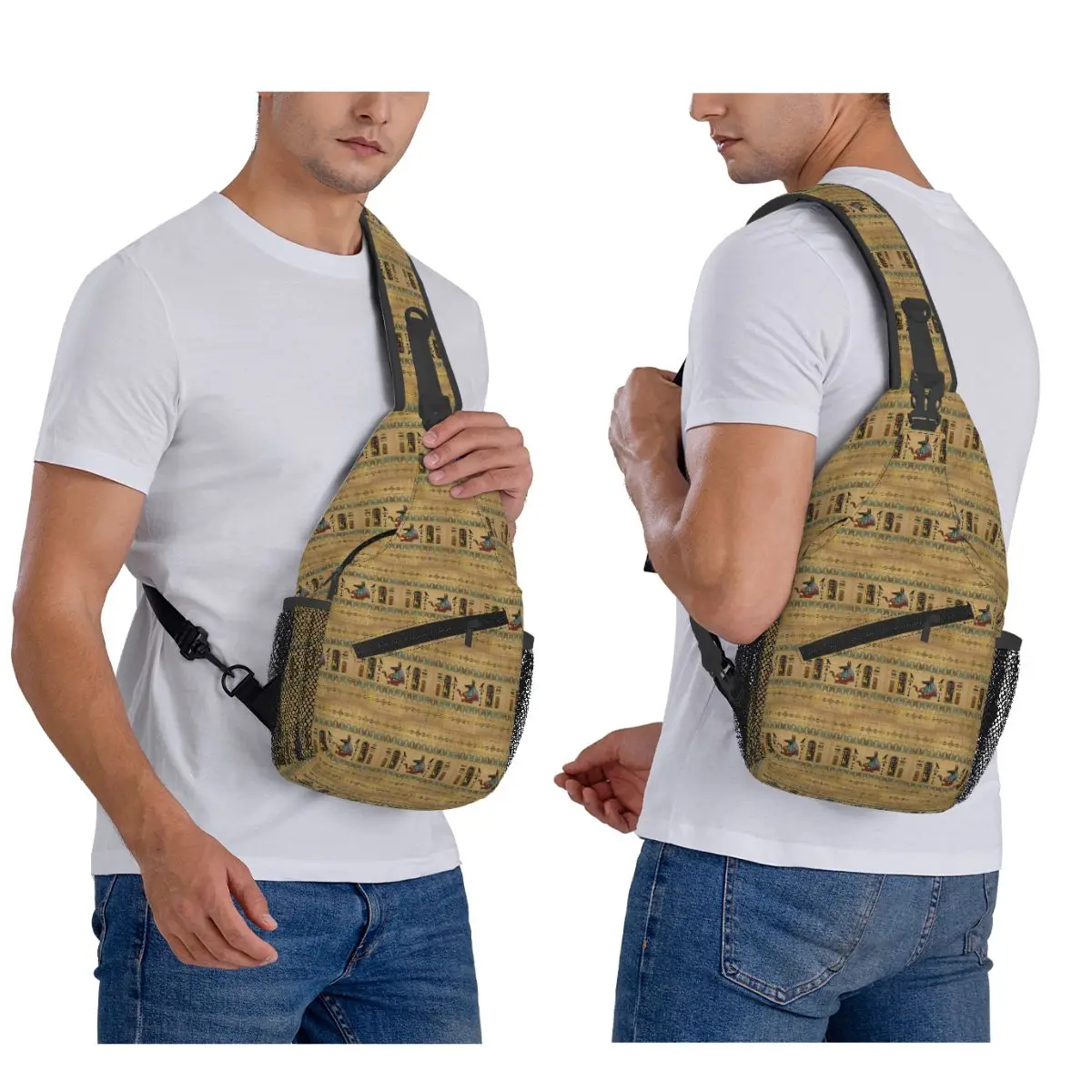 

Egyptian Anubis Ornament On Papyrus Chest Bag Men Sling Crossbody Backpack Chest Bag Traveling Hiking Daypack Shoulder Bag