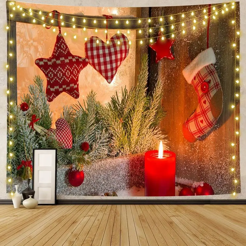 VIKAMA Warm Christmas Wall Tapestry Plaid Heart Stocking Candle Scene Wall Hanging Backdrop for Holiday Bedroom Decoration
