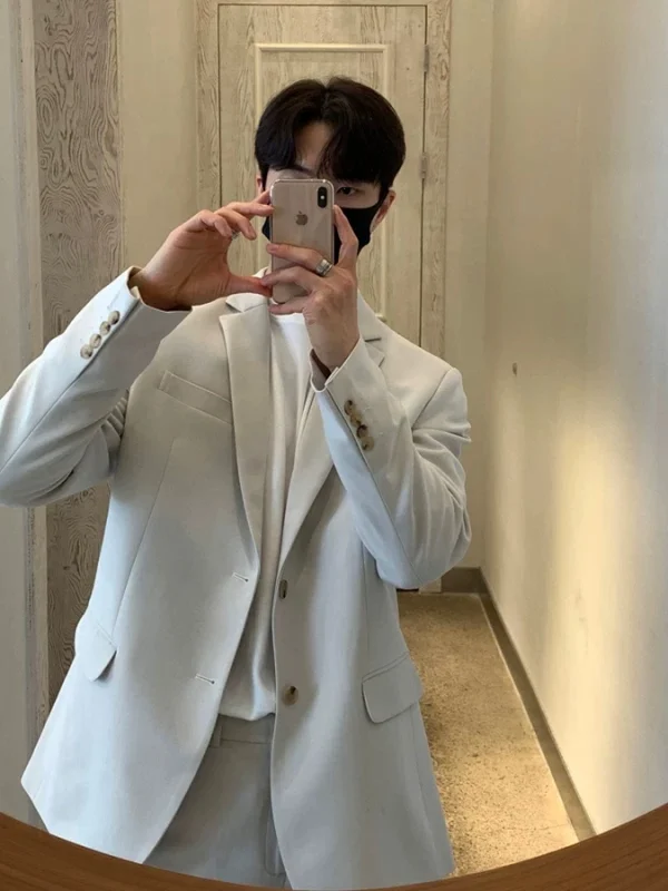 Gray Shoulder Pad Men's Suit Casual Single Button Interview Formal Wear Professional Leisure Western Style Youth Trend Long S...