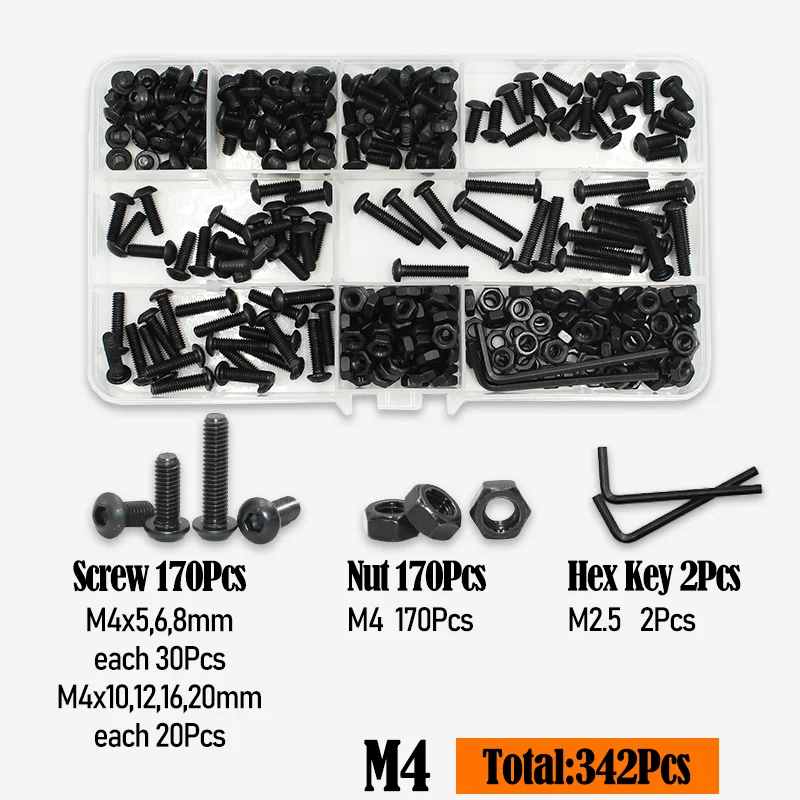 2510-teiliges Rundkopfschrauben-Set M2 M2.5 M3 M4 M5 M6 Schwarz 10.9 Güte Innensechskant-Kopfschrauben Bolzen Muttern Unterlegscheiben ISO7380
