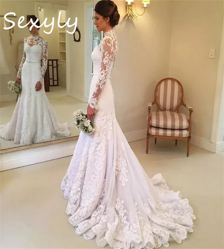 Exquisite Mermaid Wedding Dress Curvy High Collar Long Sleeve Civil Boho Bride Dress Elegant Country Bridal Western Customized