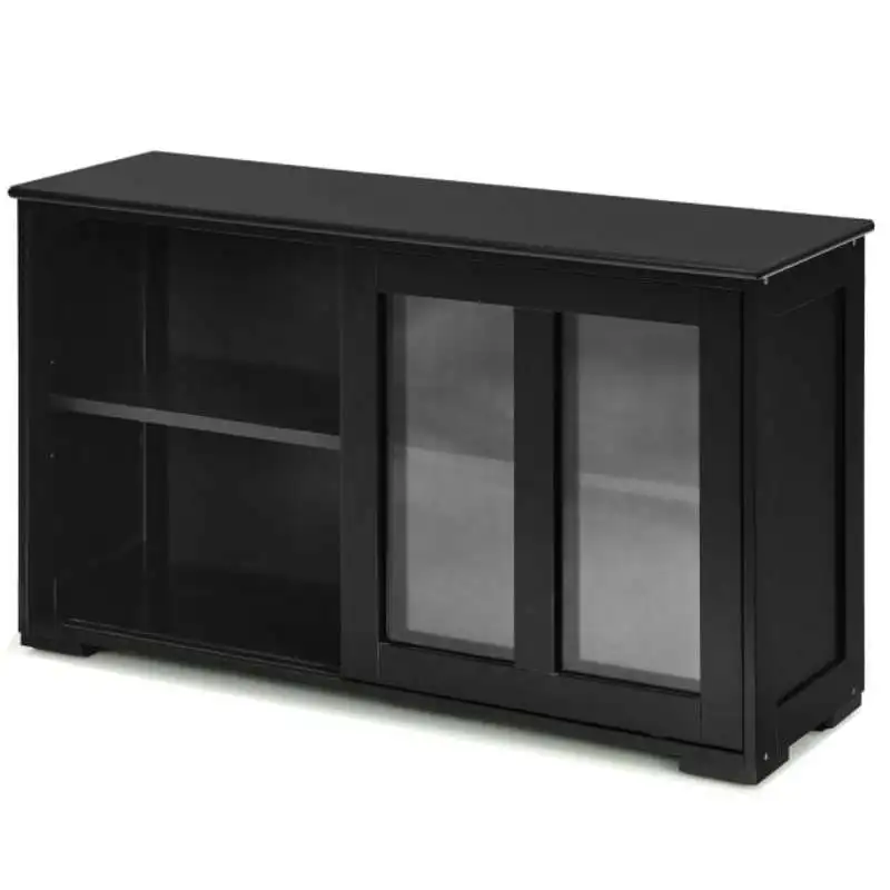 

Kitchen Storage Cabinet with Glass Sliding Door-Black