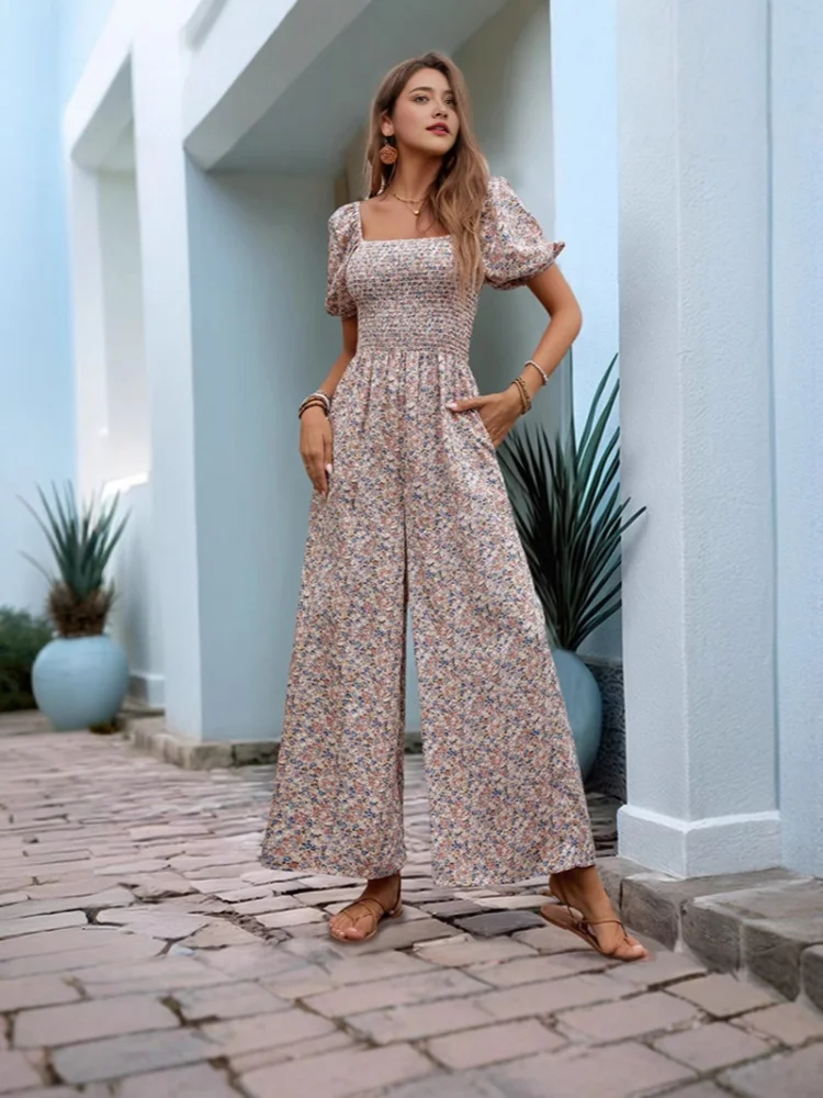 2026年夏 レディースジャンプスーツ 高級パフスリーブ ワイドレッグパンツ、バケーションスタイルの花柄プリント