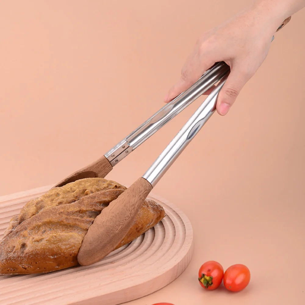 Non-Stick BBQ Grilling Tong Walnut Wood with Stainless Steel Handle Cooking Tong Easy to Use Durable Salad Bread Dessert Tong