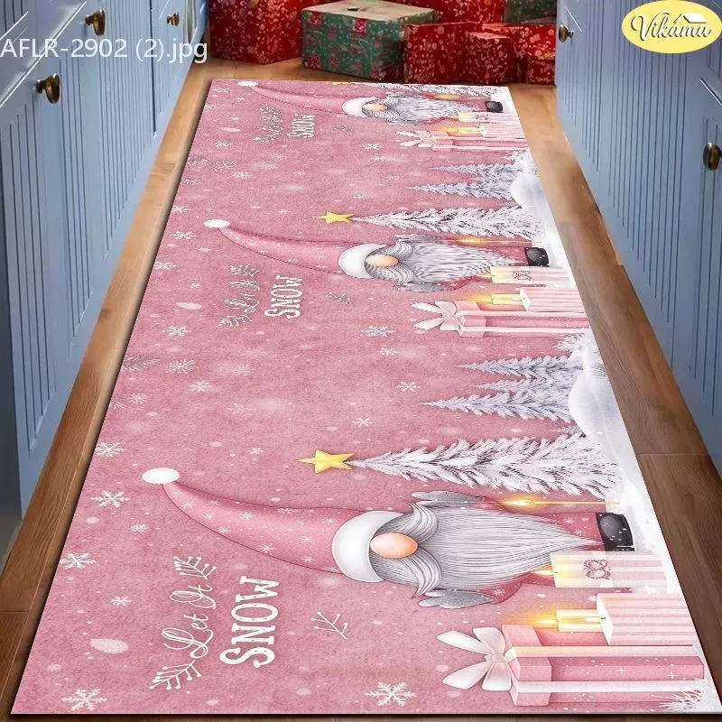 VIKAMA Christmas Runner Rug, Christmas Gnomes & Reindeer Antlers, Merry Christmas Snowflakes, Festive Printed, Soft Cozy