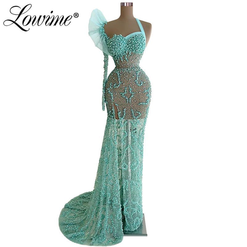 Lowime hortelã verde um ombro vestidos de noite 2022 sheer longo vestido de festa para casamento alta dividir vestidos de celebridade vestidos de baile