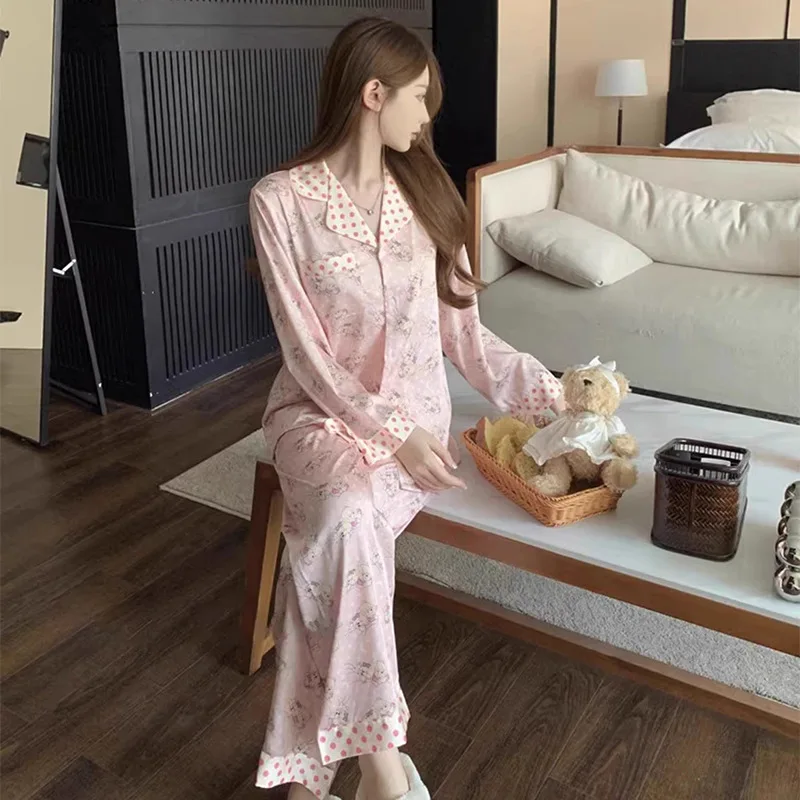 Long Sleeves Long Pants Satin Silk Pajamas Women Spring Summer Cardigan Bear Sleepwear Thin Homewear Sweet Pyjamas Girl Pijamas