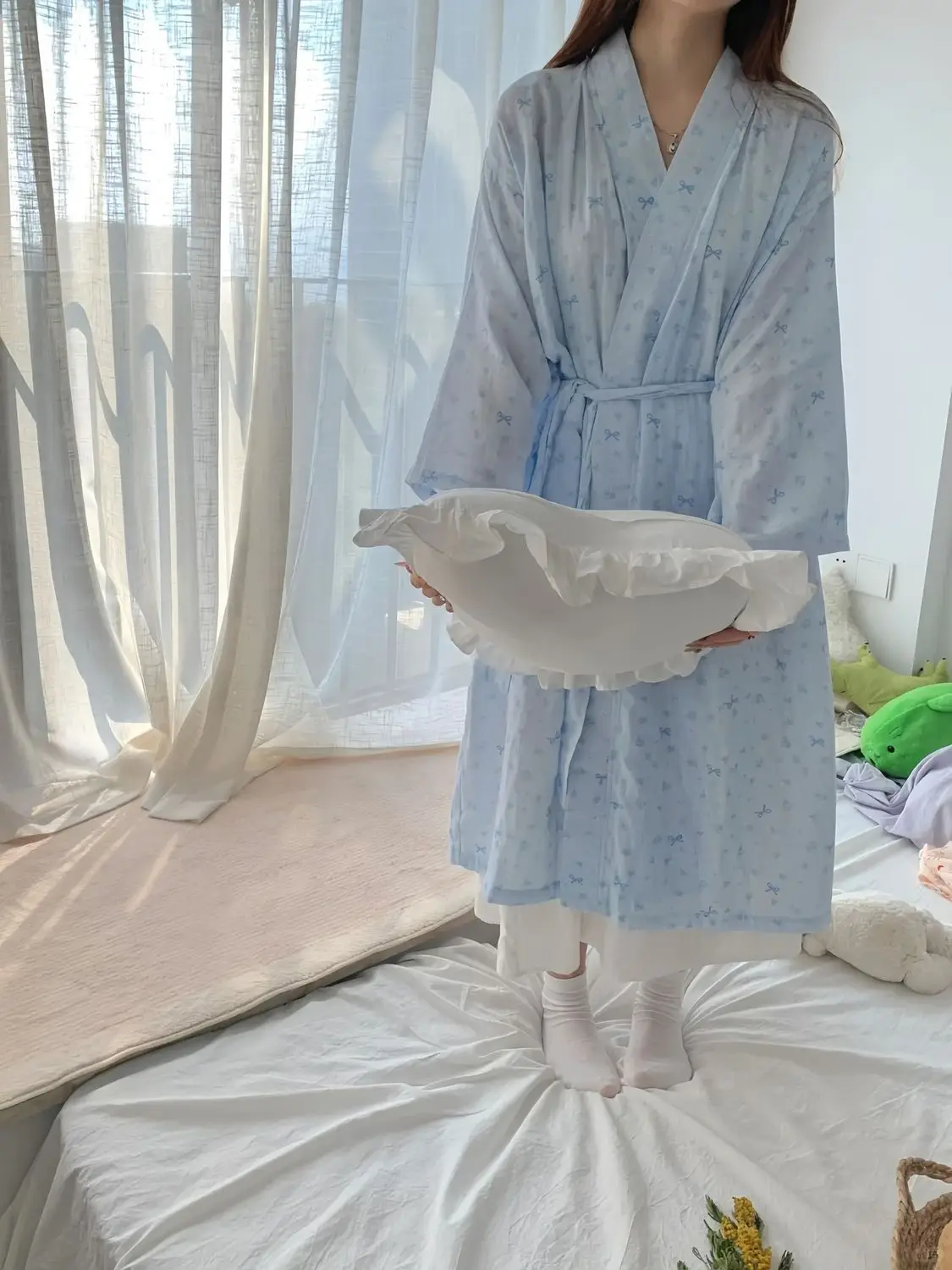 

Корейский стиль, кардиган с бантом, ночная рубашка для женщин, весна-лето, новые свободные удобные пижамы, домашняя одежда, халат, платье, подарки