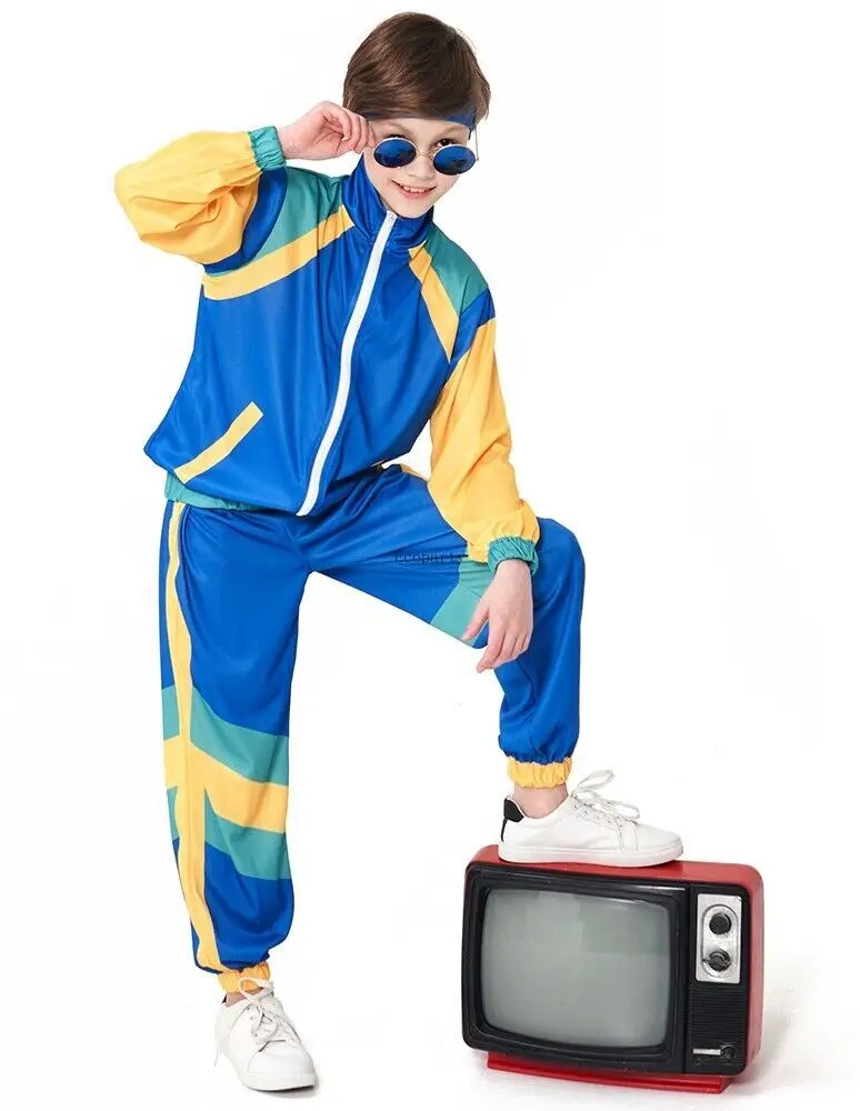 Boys 80s Costume Kids Child Blue Tracksuit 1980s Height Of Fashion Disco Party book week party halloween costume ecoparty