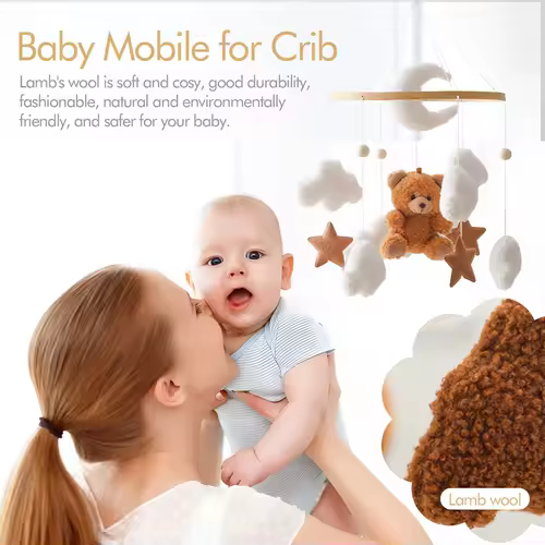 Wooden Crib Mobile Baby Bed Bell Rattle Toy Soft Felt Cartoon Bear Mobile bracket Newborn Music Box Bed Bell Hanging Bracket Toy - Image 5