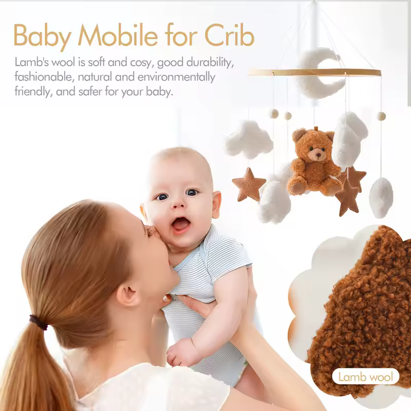 Wooden Crib Mobile Baby Bed Bell Rattle Toy Soft Felt Cartoon Bear Mobile bracket Newborn Music Box Bed Bell Hanging Bracket Toy - Image 5