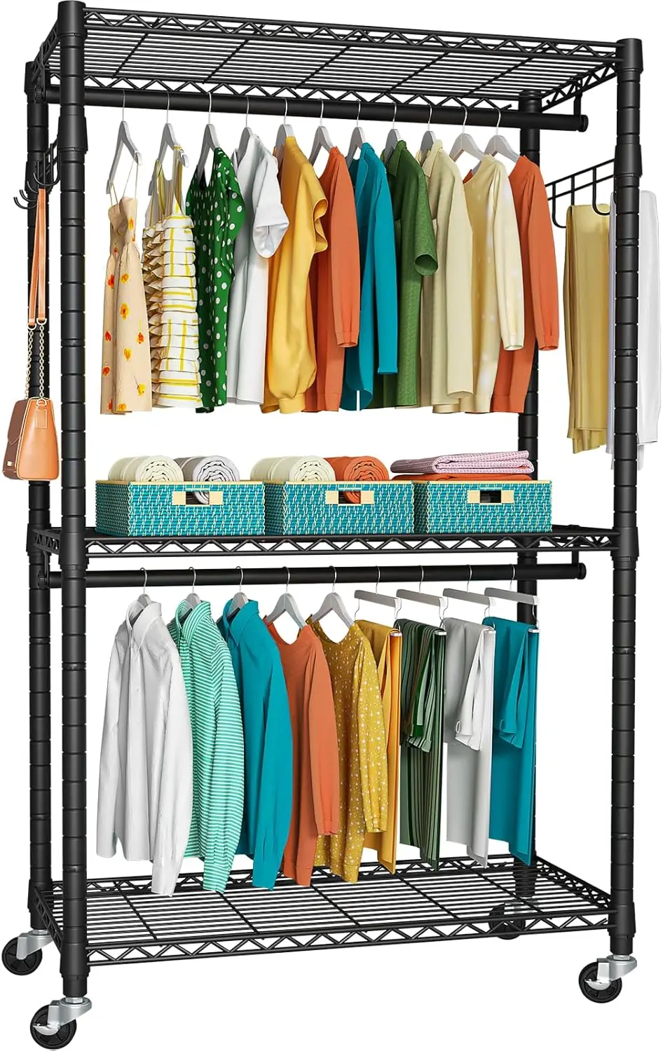 

Heavy Duty Garment Rack with Lockable Wheels, 3-Tier Adjustable Rolling Closet Organizer, Max Load 450 LBS, Black
