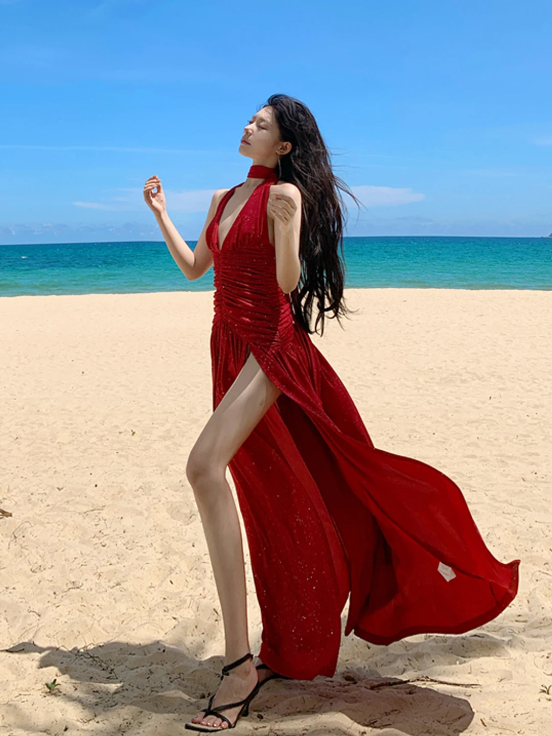 

Сексуальная длинная юбка Red iny Deep V Ne Bal Dr Beach Vaion с разрезом, дышащая удобная трикотажная ткань, летняя Dr