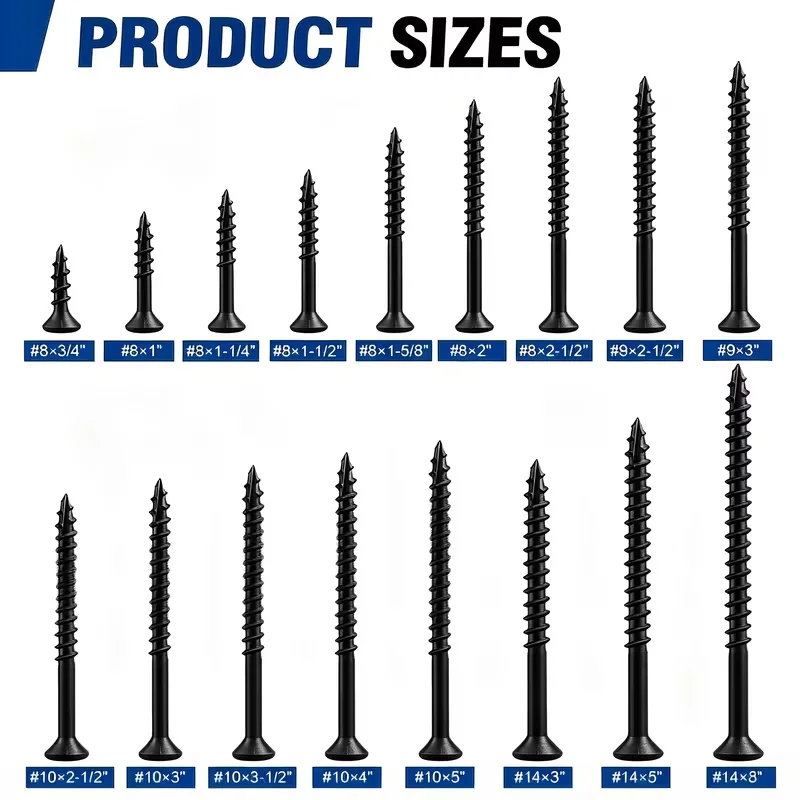 #8 T25 Star Drive Black Wood Screws, Self-Tapping with T25 Bit, Multi Sizes for Furniture & Wood Board Assembly