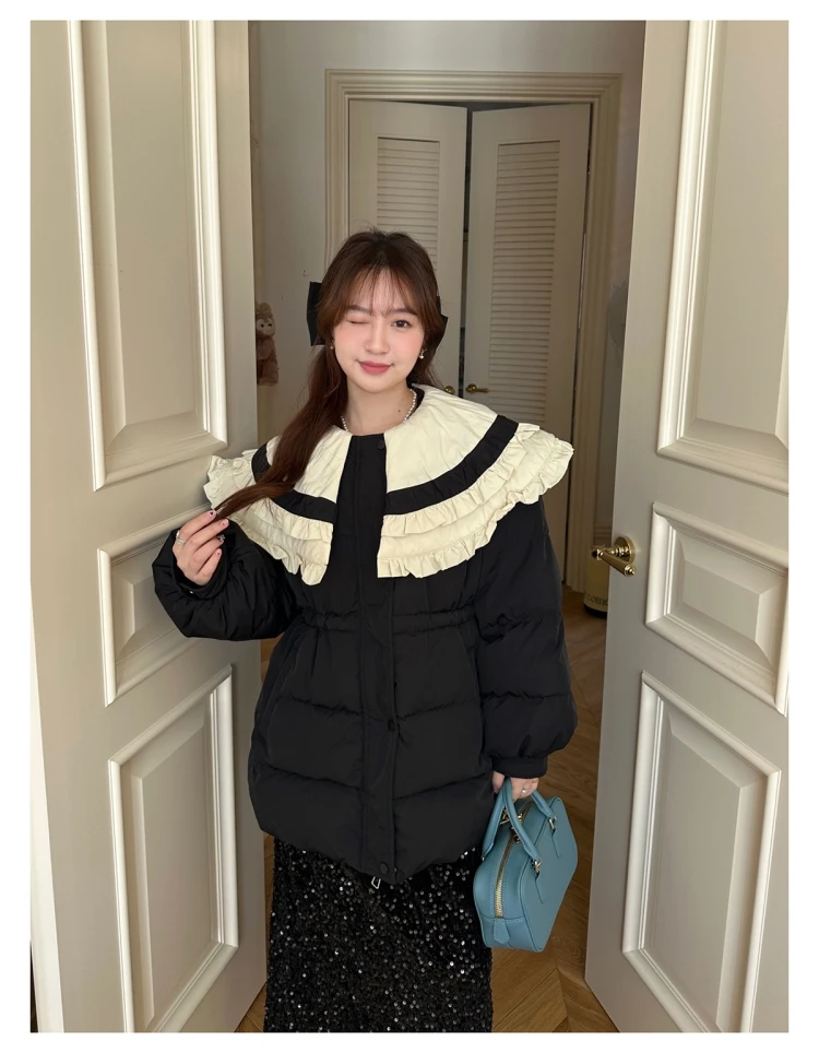 เกาหลียอดนิยมใหม่ 2024 ขนาดใหญ่ High-end อุณหภูมิขั้นสูงออกแบบ Niche ลูกไม้เอว-cinching เป็ดสีขาวลงเสื้อ