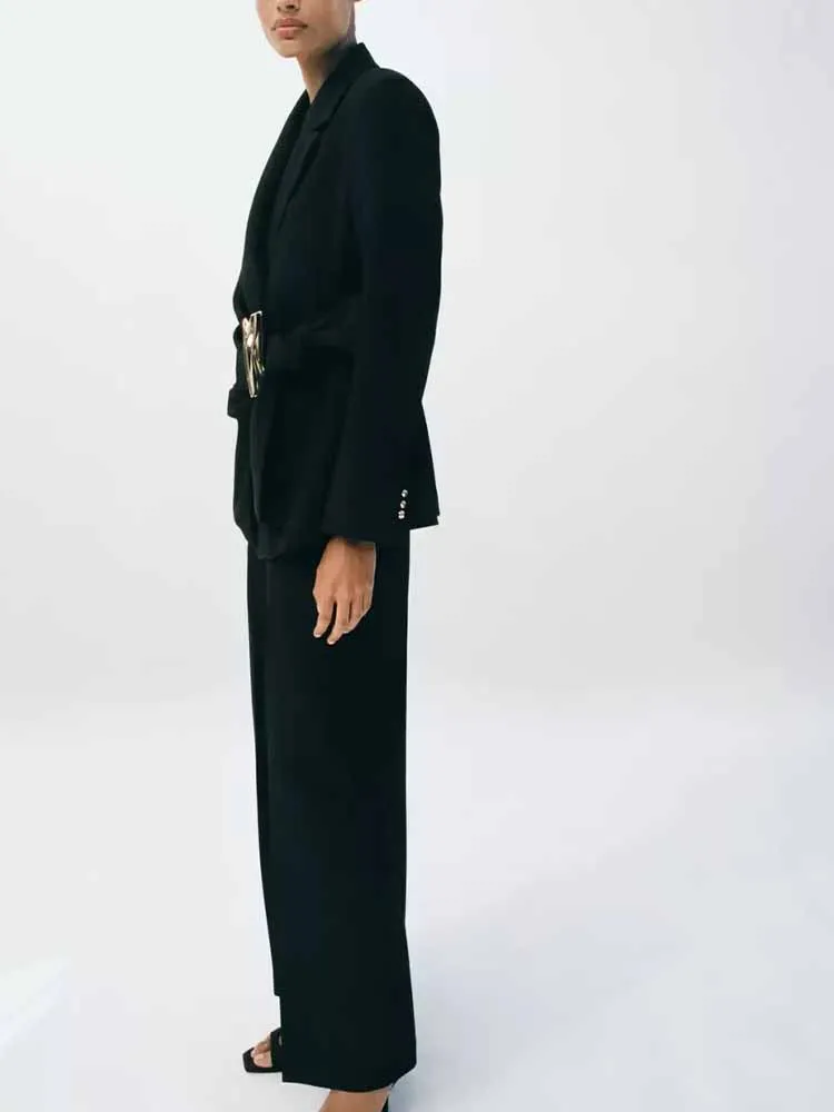 

European and American style winter new women's clothing buckle-embellished suit jacket and high-waisted straight-leg pants