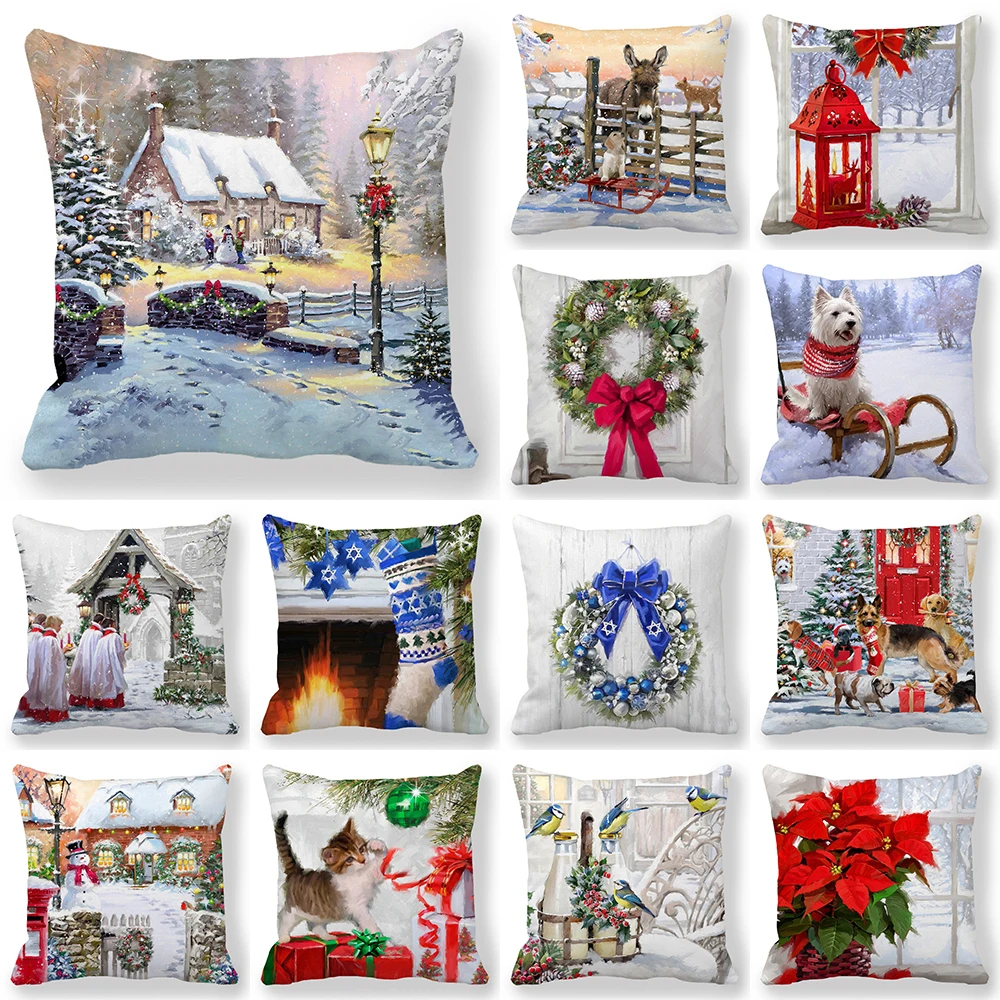 Winter Snow Christmas Atmosphere Printed Pattern Cushion Cover Home Living Room Sofa Decoration Polyester Pillow  