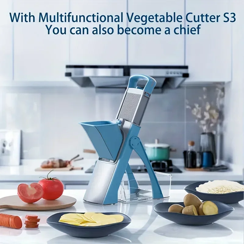 Adjustable Manual Mandoline Slicer with Stainless Steel Blades – Machine for Chopping and Slicing Large Vegetables and Fruits
