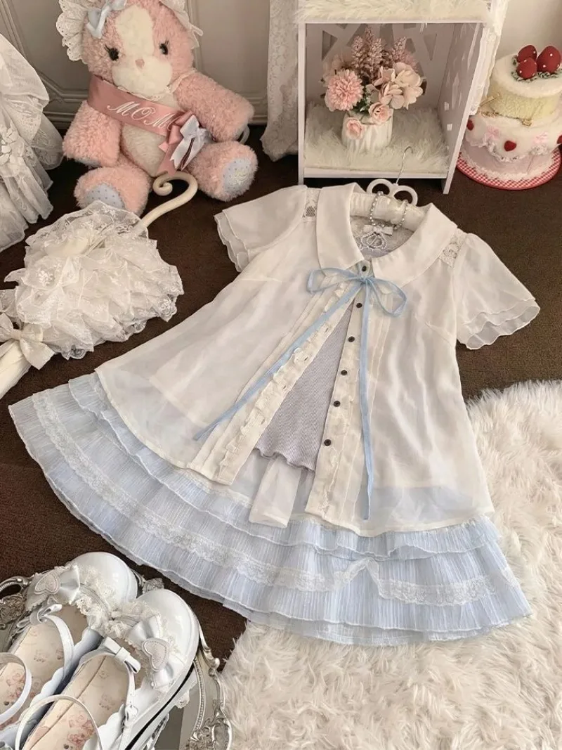 Retro Summer New Women Clothing Sweet Cardigan+straps+lace Skirt 3 Piece Sets for Short Girls Korean Version Chic Cute Clothes