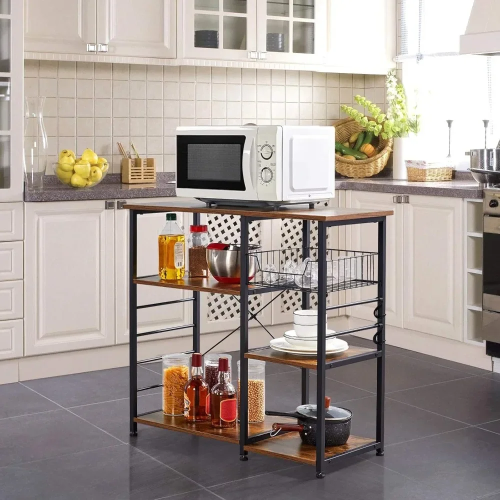 4-Tier Kitchen Baker's Rack, Coffee Bar Microwave Stand Cart with Wire Basket & 6 Side Hooks, Kitchen Organizer Shelf