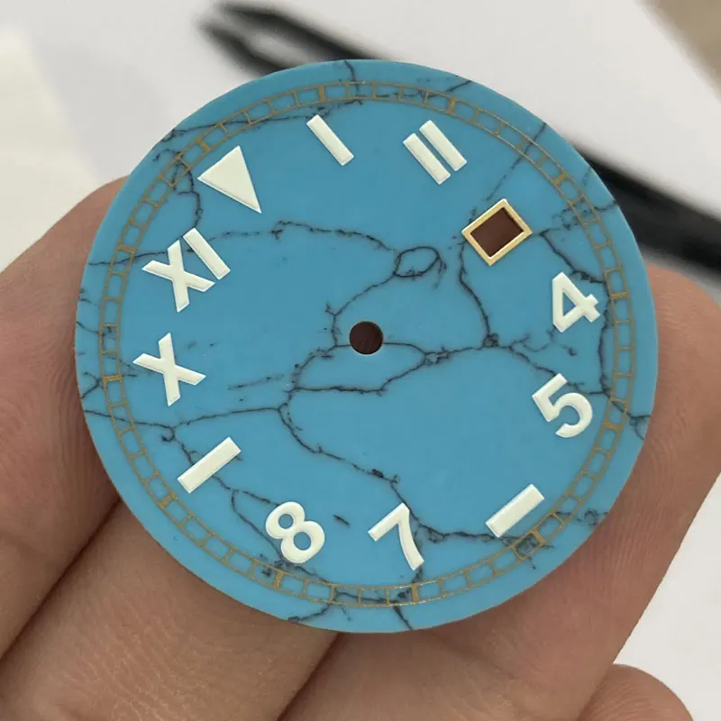 Watch Parts 34.5mm Blue Turquoise Watch Dial Roman Numerals Luminous Marks Date Window Suitable For ETA 2824/SW200 Movement