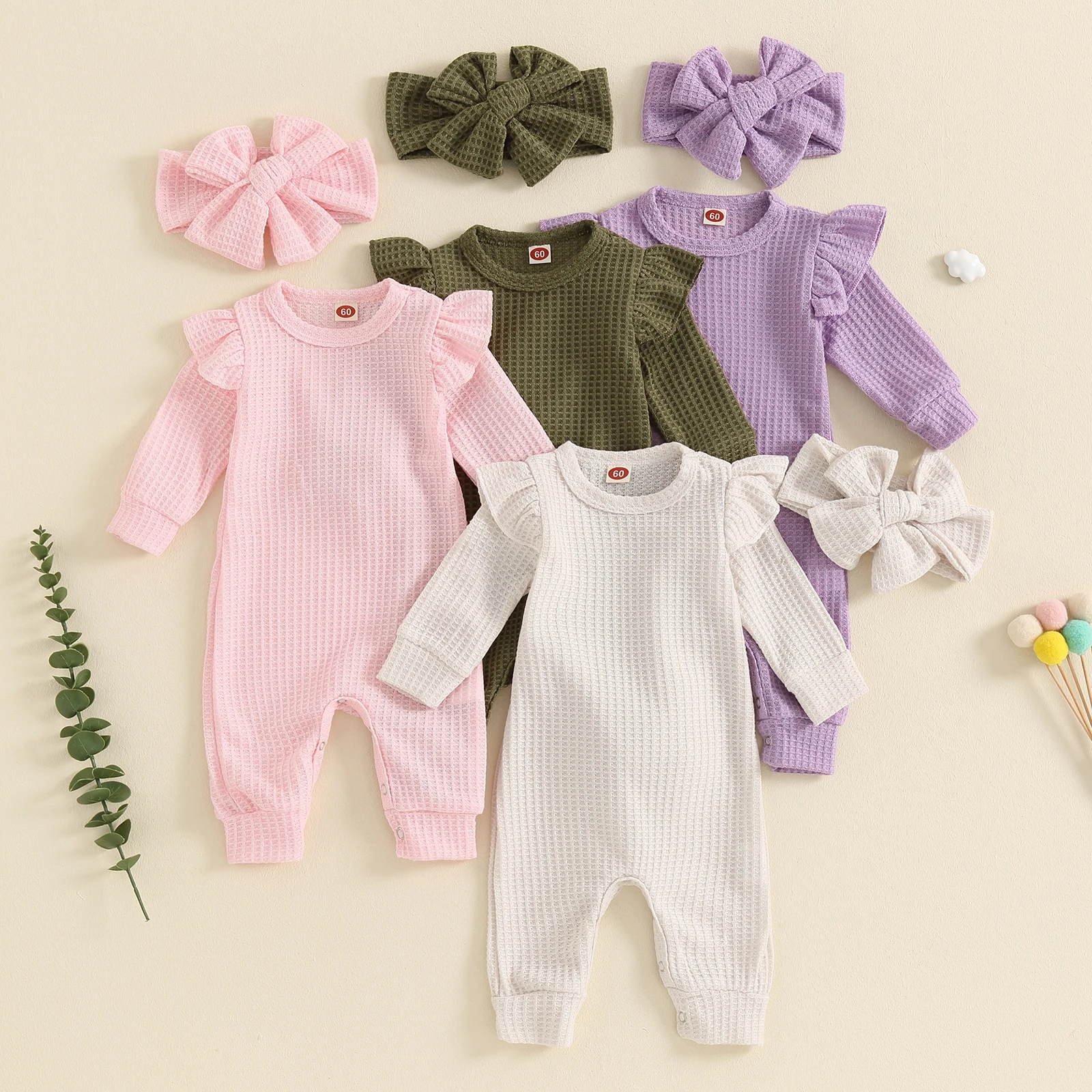 

Baby Girl Fall Spring Waffle Romper Solid Color Ruffled Long Sleeves Round Neck Full Length Jumpsuit with Bow Headband