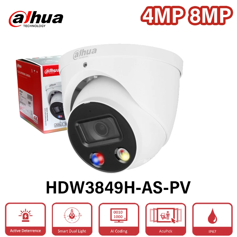 

Dahua 4MP 8MP Smart Active Deterrence Camera Siren&Light Alarm Security Cam APP One-tap Disarming Two-way Talk HDW3849H-AS-PV S5