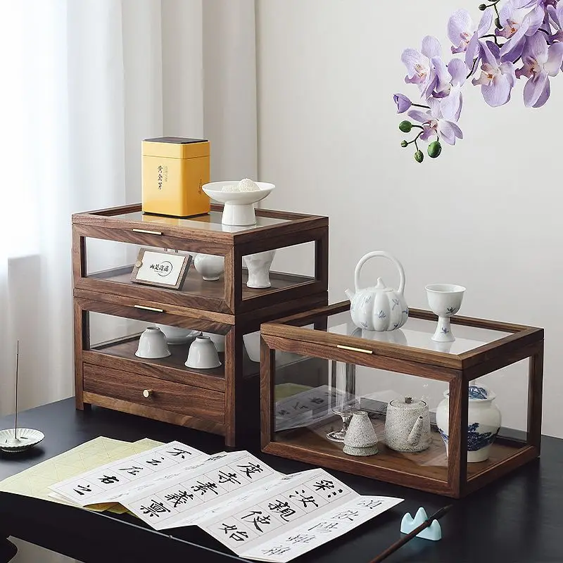 

Jewelry storage display cabinet New Chinese glass Walnut solid wood North American transparent covered desktop storage box
