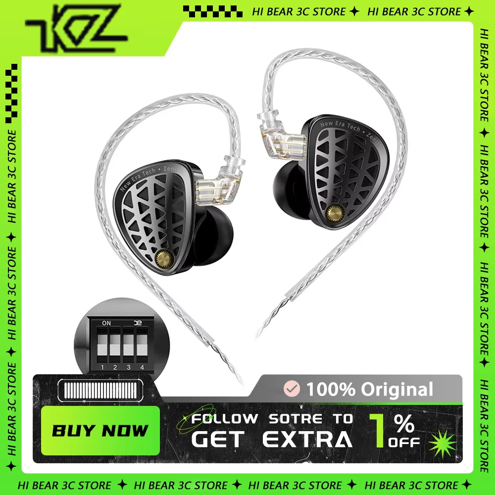 Kz Zenith Wired Hifi Dynamic Earphones Full-Range Ultra-Linear Dynamic Unit Silver-Plated Headphone Cable In-Ear Aluminum Custom