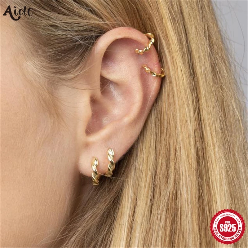 Aide S925 Sterling Silver Twisted Hoop Earrings 18k Gold-Plated Textured Wave Circle Earrings for Women Daily Fashion Jewelry