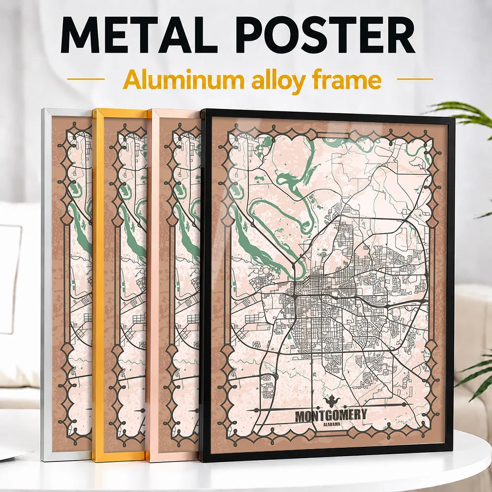 Montgomery, Alabama Map Framed Aluminum Metal Poster Customized Photo Clean Line Style Wall Art For Study Unique Traveler Gift