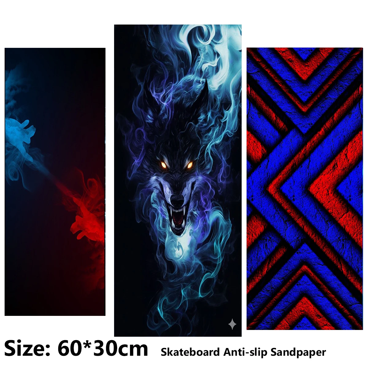 Electric Scooter Anti-slip Sticker Sandpaper Skateboard GripTape Sheet 60*30cm Ferocious Wolf with Red andBlue Stripes Pattern