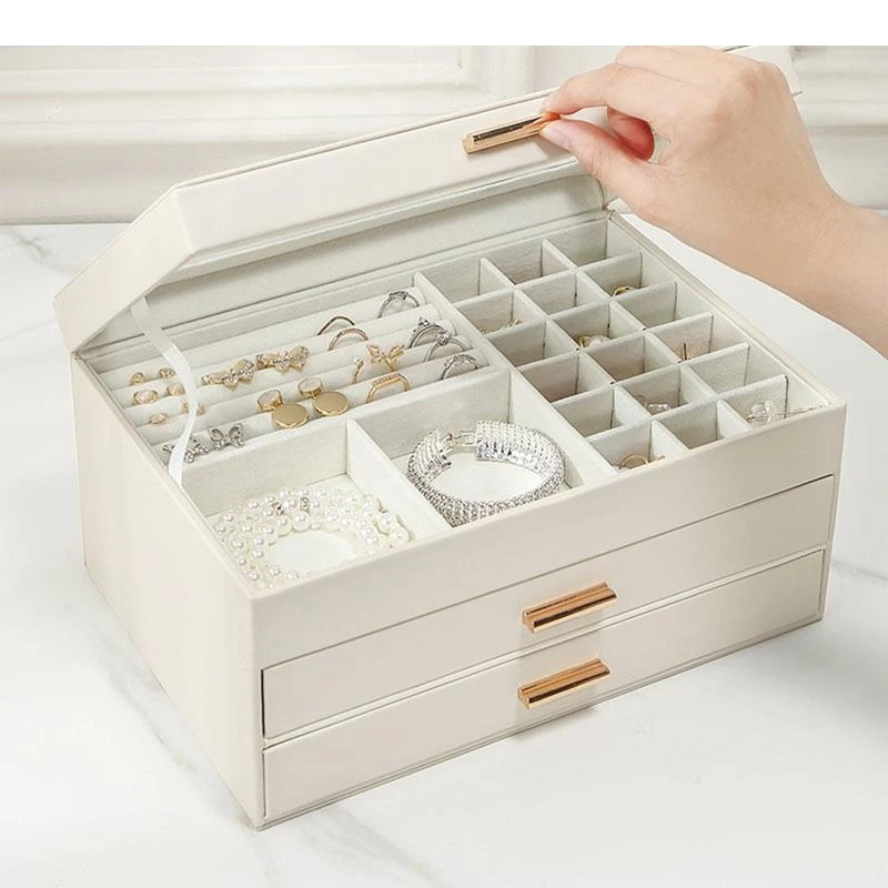 European Drawer Type Makeup Box Dressing Table Magnetic Switch Separate Grid Storage Jewelry Organizer Necklace Hanging Rack