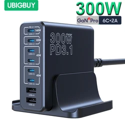 Ubigbuy 300W USB C Szybka ładowarka Wieloportowa stacja ładująca GaN 140W PD 3.1 PPS 100W 45W do MacBook Pro M2 iPhone 15 14 Galaxy