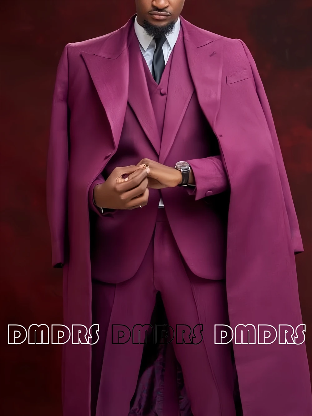 

Rose Red 4-Piece Suit for Men, Long Suit Coat, One Button Suit Jacket, Vest Pants Plus Men Autumn Formal Outfit Wedding Party