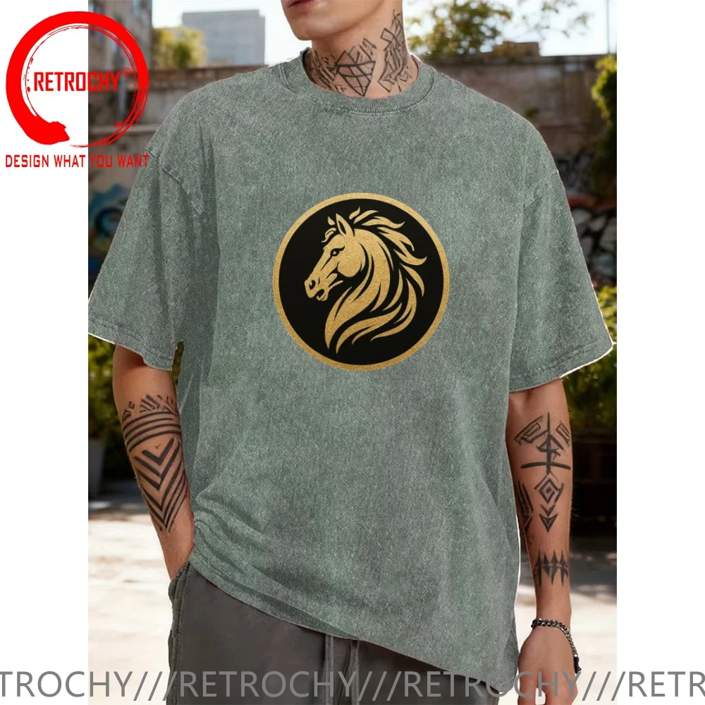 Vintage Washed Cotton T-Shirt Funny Designer Gold Horse T Shirt Men Fashion Trendy Casual Clothing Stylish Tops Tees
