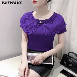 New Summer Short Sleeve Cotton T-Shirts Girl Fashion Ruffles O-Neck bow Diamonds Women Tees Shirt Sweet Chic Slim Tops Clothes